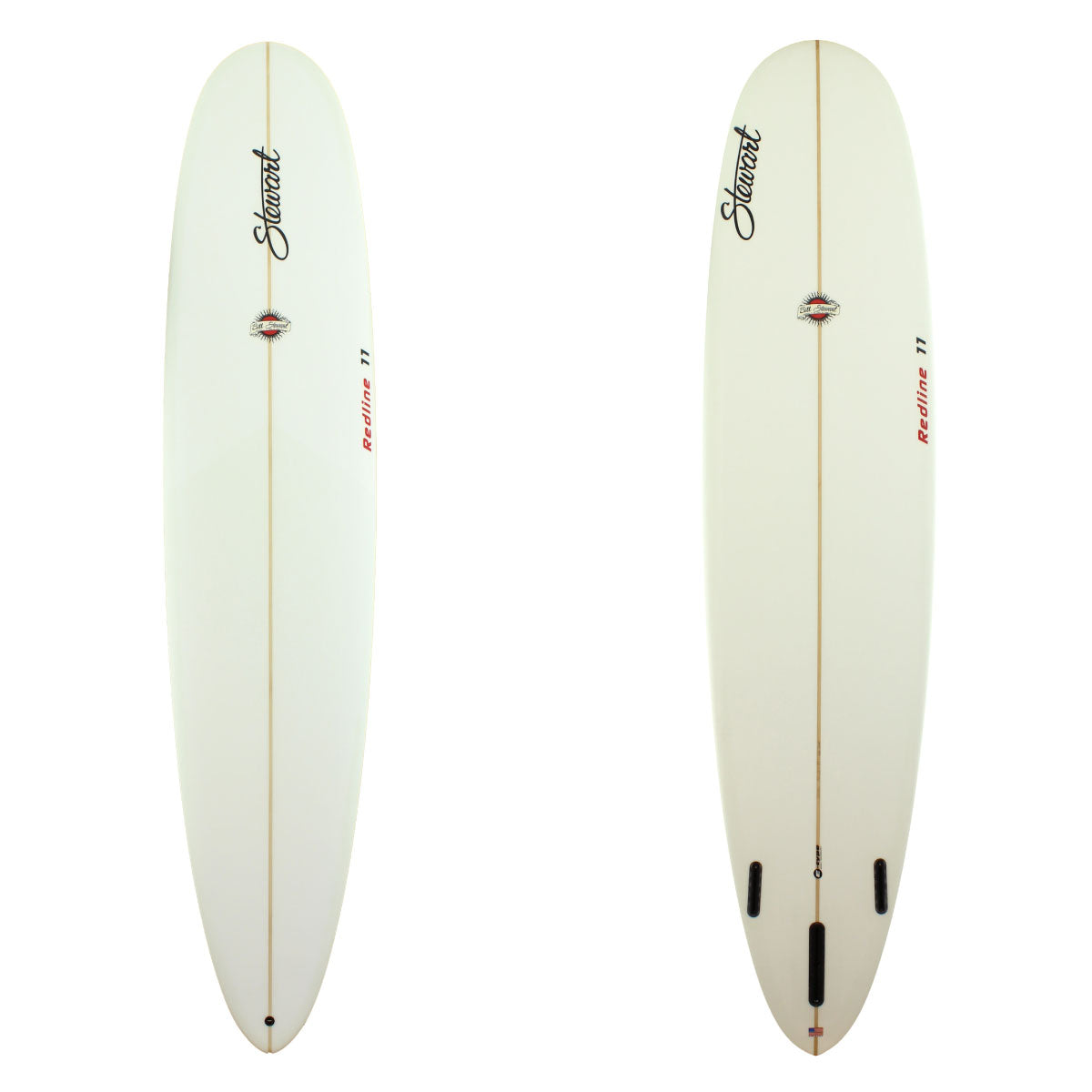 Stewart Surfboards Redline 11 longboard with clear white deck and bottom, red logos