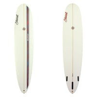 Stewart Surfboards Redline 11 longboard with multi-colored stripes on deck