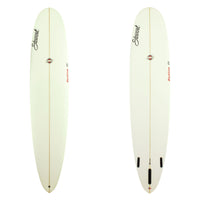 Stewart Surfboards Redline 11 longboard with clear white deck and bottom, red logos