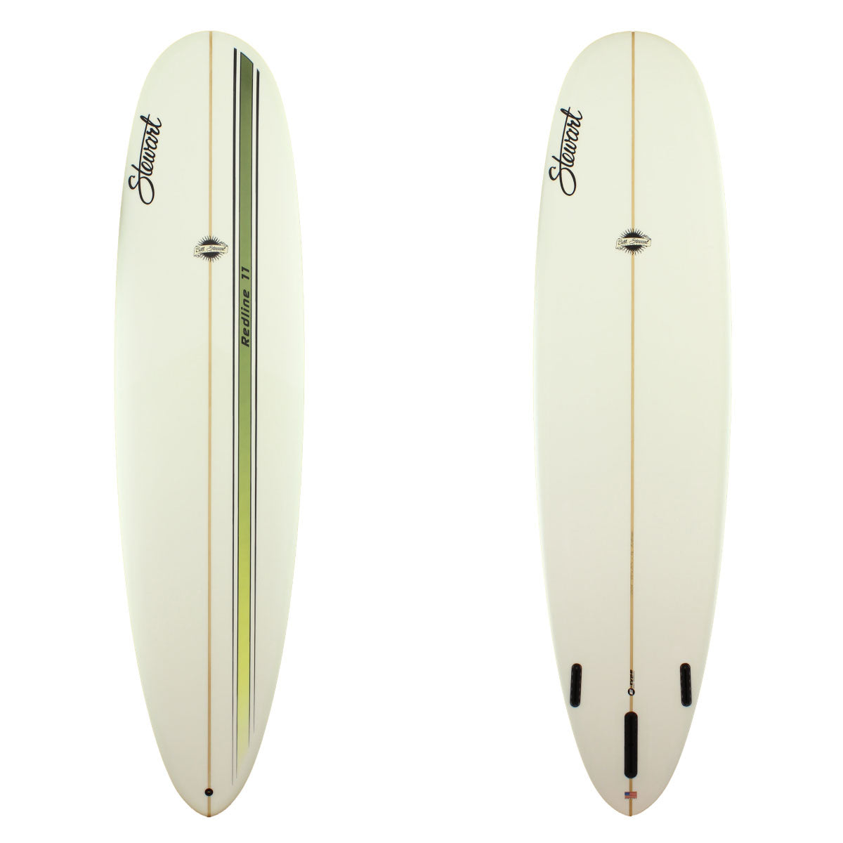 Stewart Surfboards Redline 11 longboard (9'0", 24 1/2", 3 1/2") with green and black stripes on deck