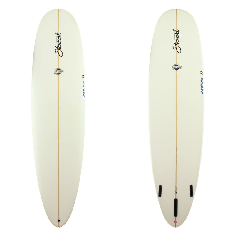 Stewart Surfboards Redline 11 longboard (9'0", 25", 4") with clear white deck and bottom