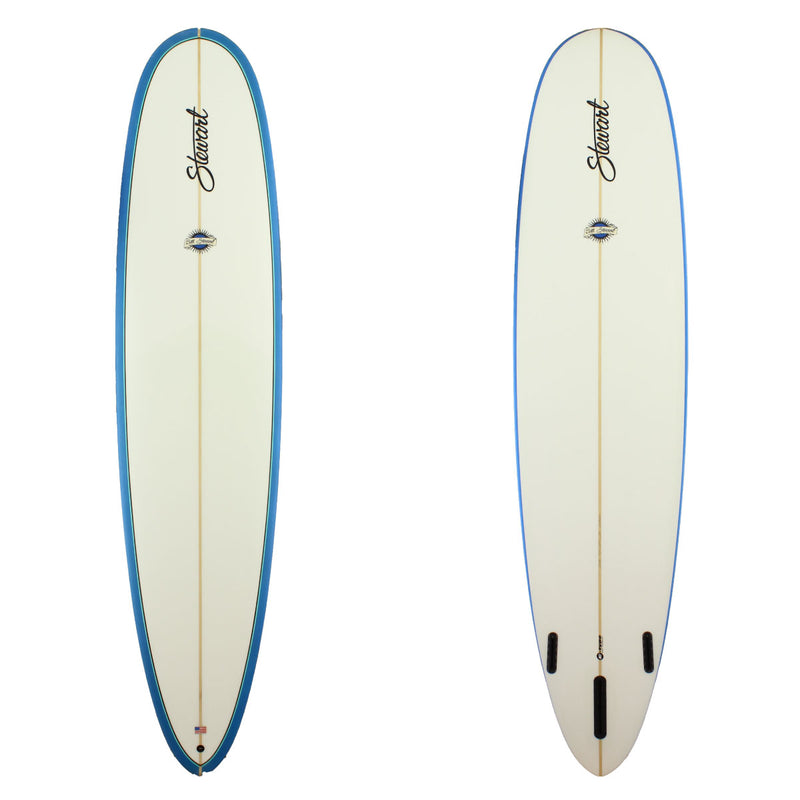 Stewart Surfboards Redline 11 longboard (9'0", 22 3/4", 2 3/4") with blue rails and black pinline on deck