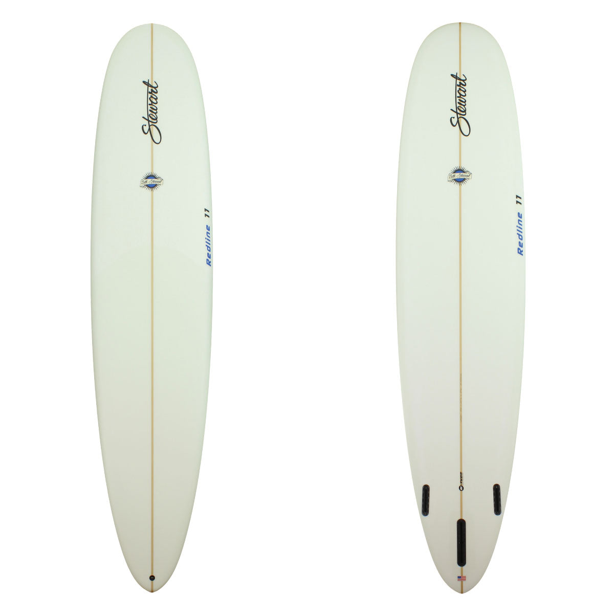 Deck and Bottom View of a stewart redline-11 with blue logos and clear sand finish