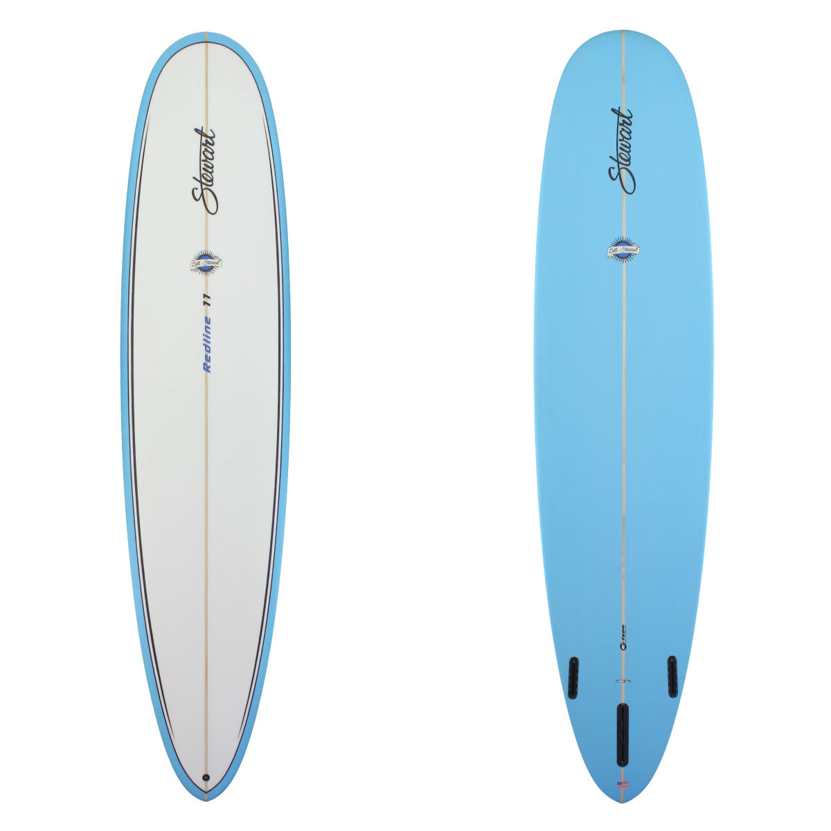 redline 11 longboard surfboard with blue bottom and rails 