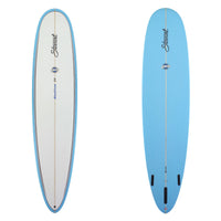 redline 11 longboard surfboard with blue bottom and rails 