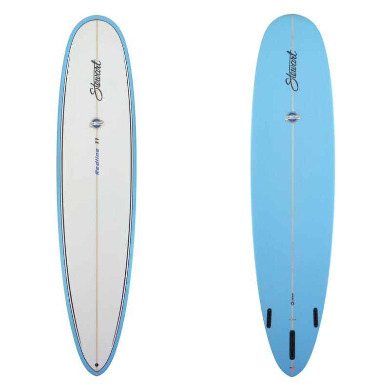 redline 11 longboard surfboard with blue bottom and rails 