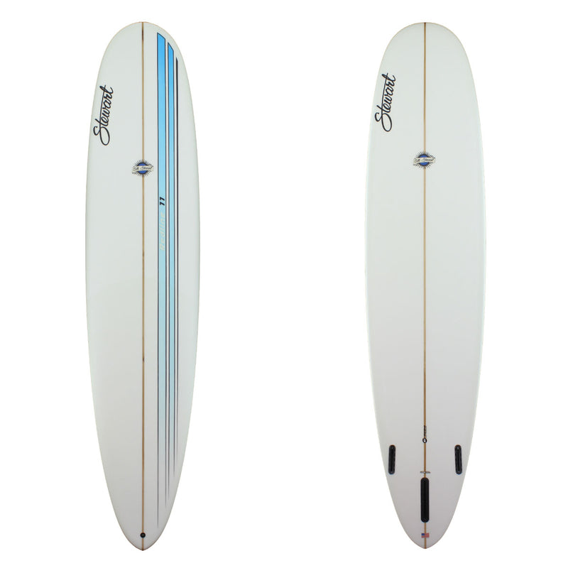 redline 11 long board with a blue racing stripe