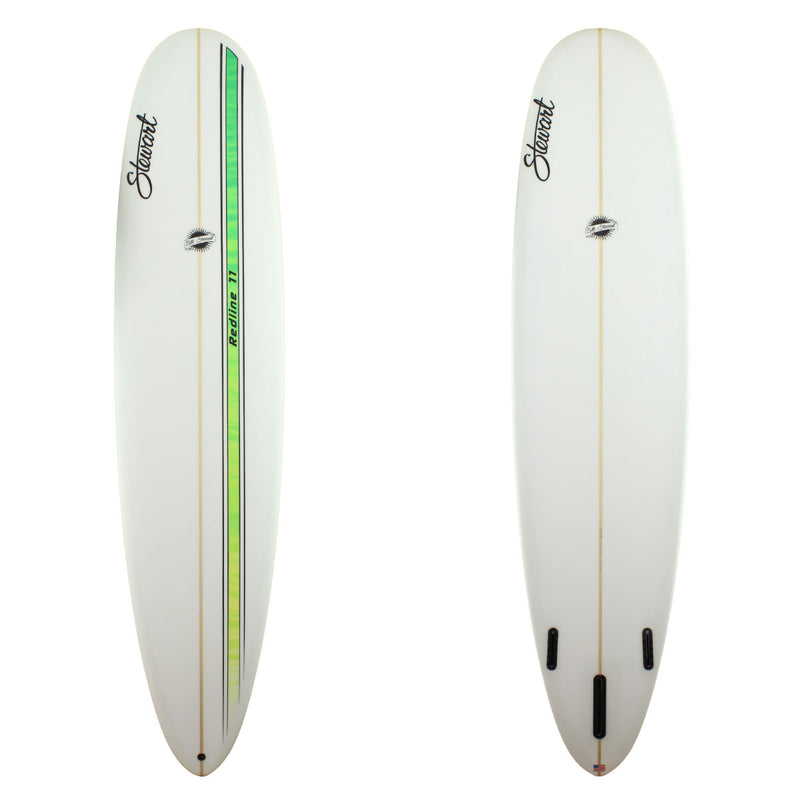 Stewart Surfboards Redline 11 longboard (9'0", 23 1/4", 3 1/4") with green and black stripes on deck
