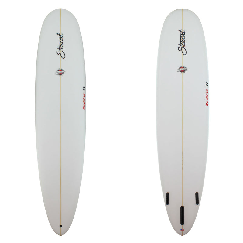 a stewart redline 11 poly longboard with a clear glass job and red logos