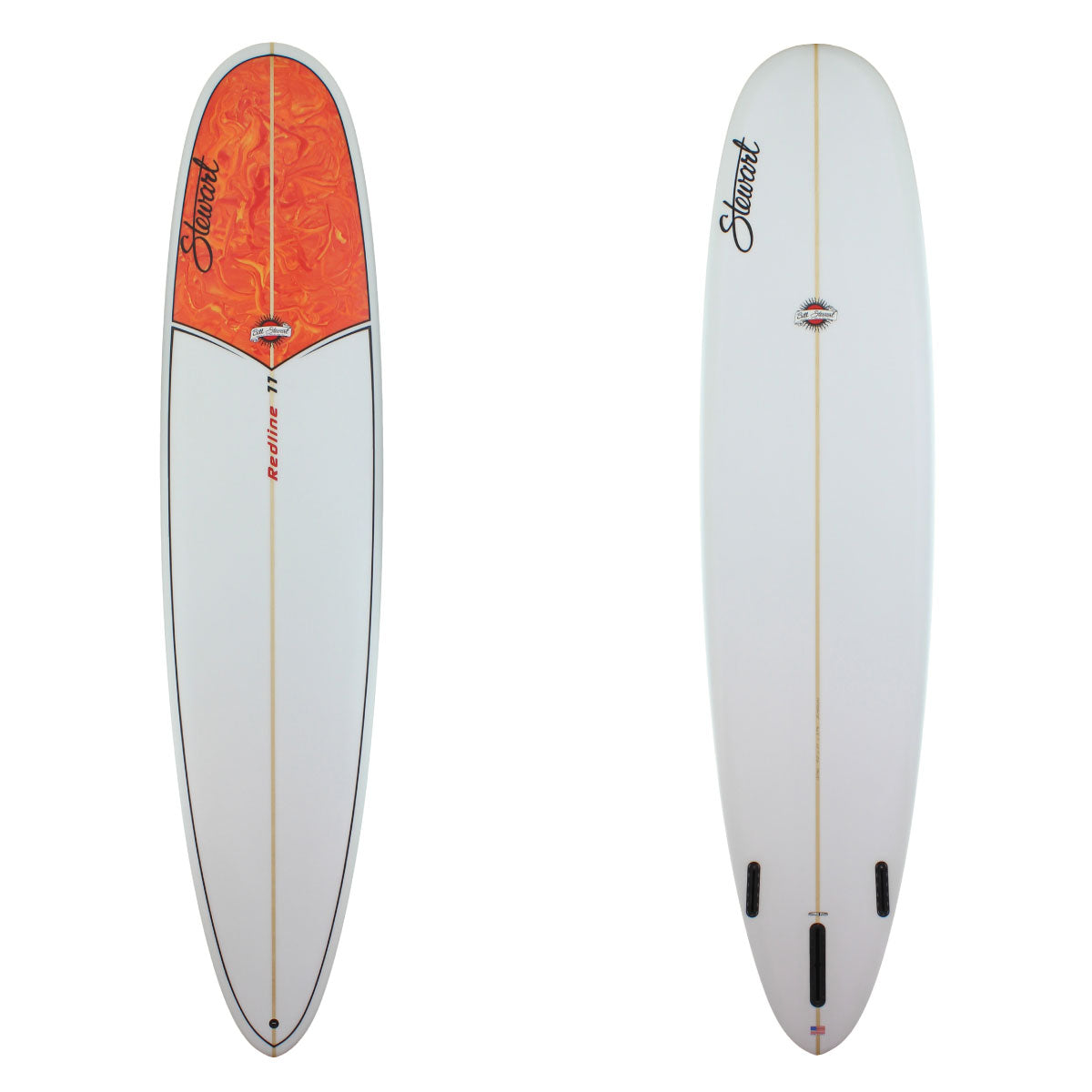 stewart redline 11 poly longboard with an orange yellow paint swirl nose panel and black pinlines