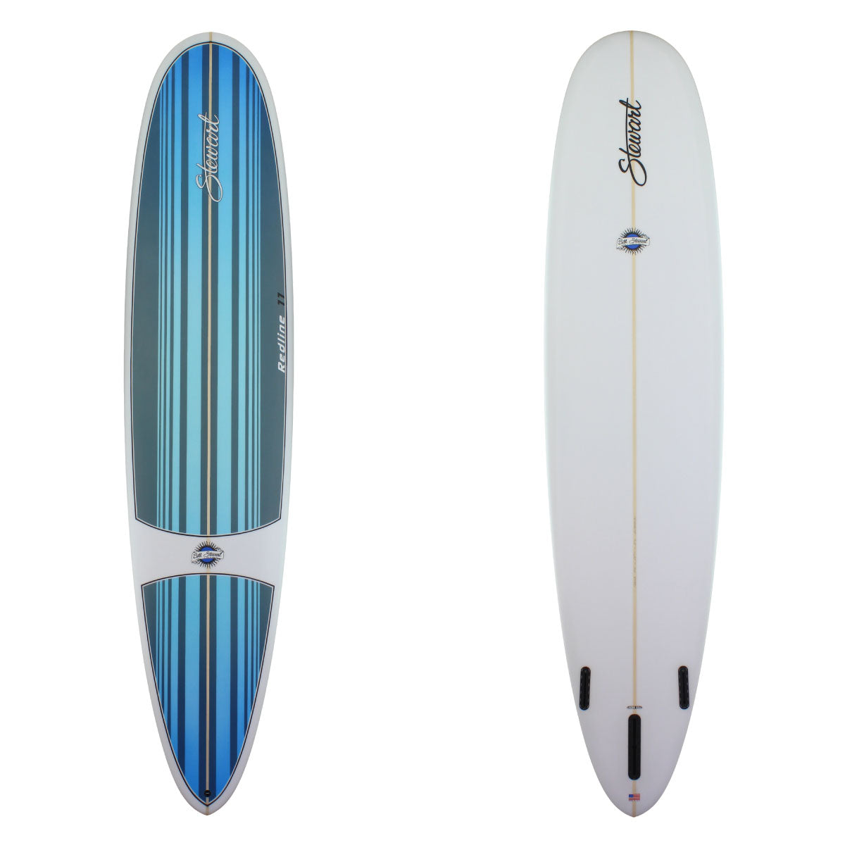 redline 11 longboard with blue stripes on the deck in 2 separate panels and blue logos