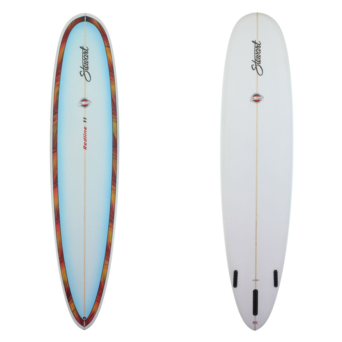 redline 11 longboard surfboard with blue fade deck and orange palm band