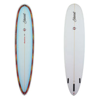 redline 11 longboard surfboard with blue fade deck and orange palm band