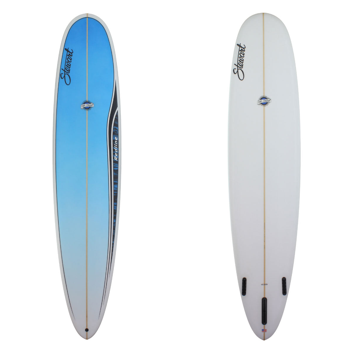 stewart redline 11 with a blie deck, black pinline, and abstract design on right rail