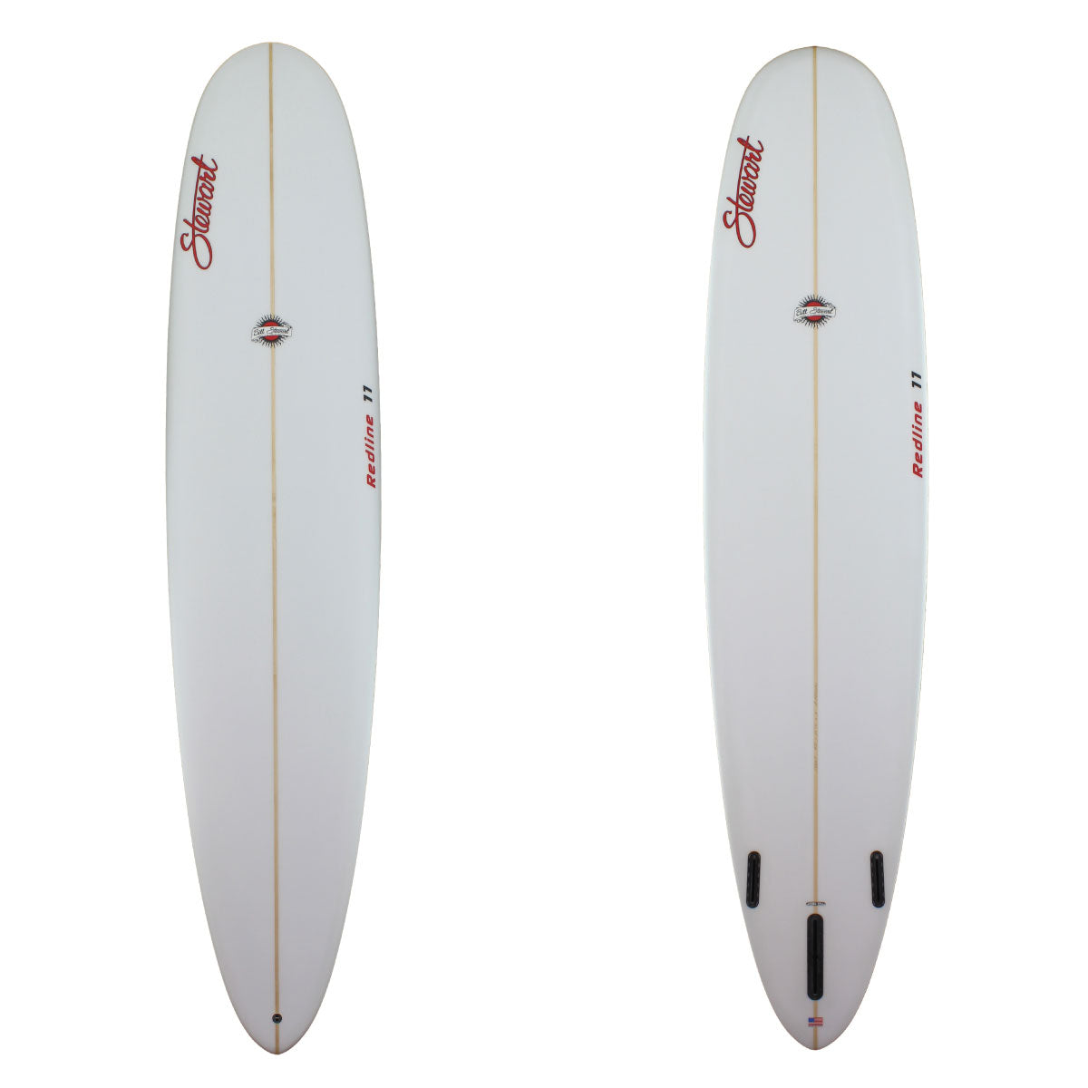 redline 11 longboard with a clear glassjob and red logos 