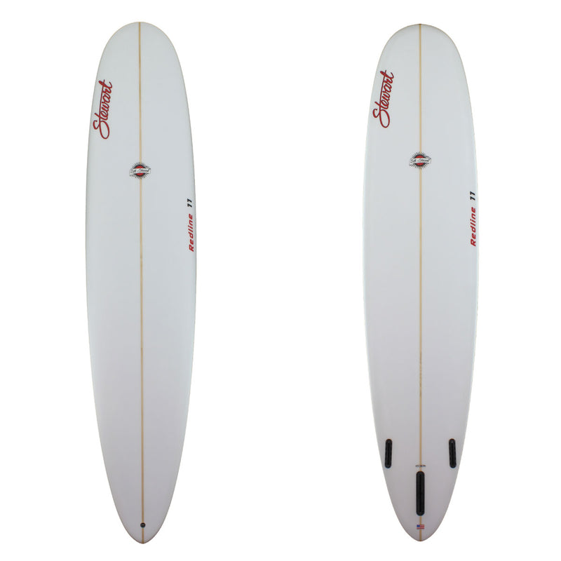 redline 11 longboard with a clear glassjob and red logos 