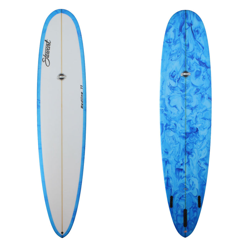 stewart redline 11 long board surfboard with blue swirl bottom and rails and clear deck 