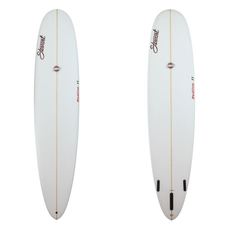 clear redline 11 long board surf board with red and black logos