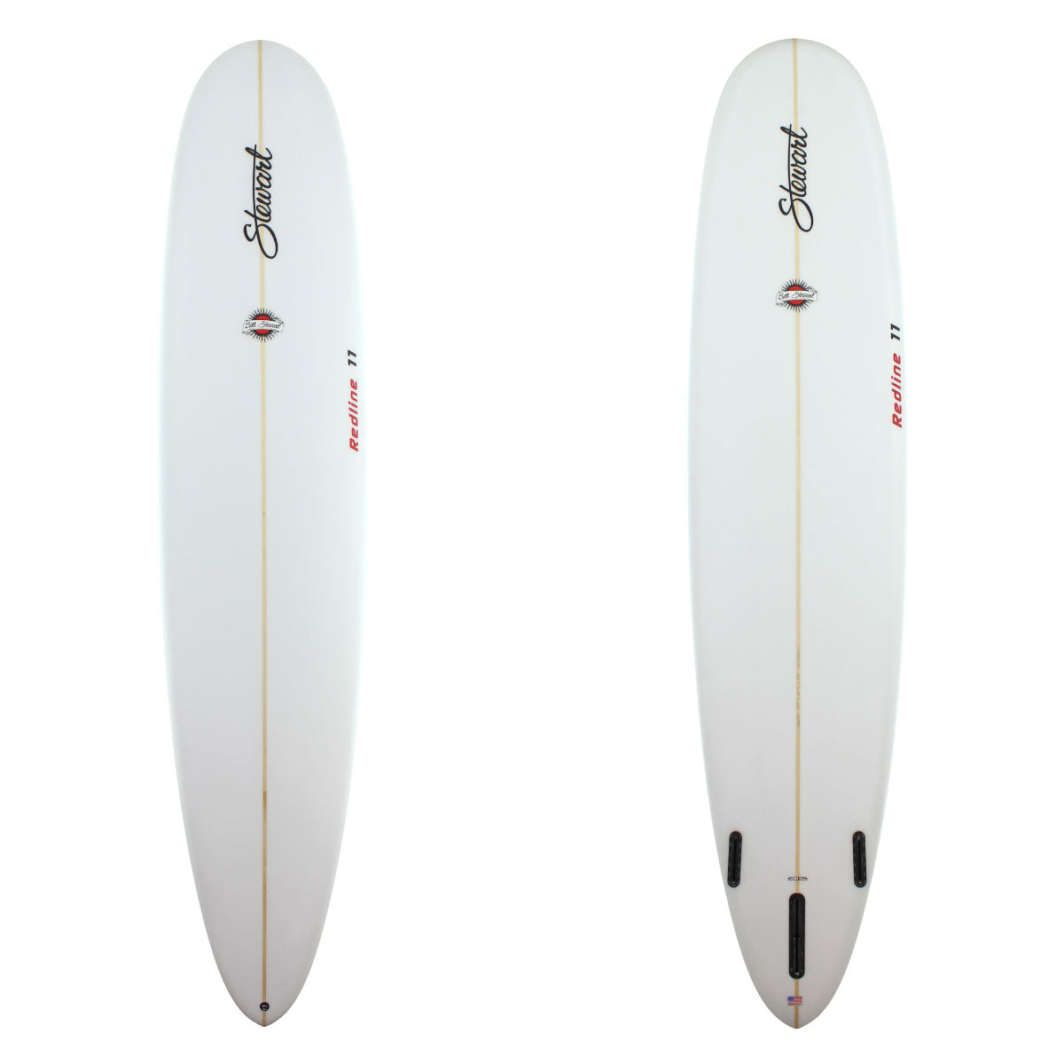 stewart redline 11 longboard surfboard with clear glass job and red logos 