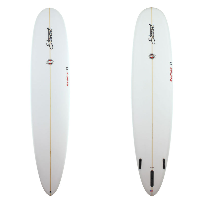 stewart redline 11 longboard surfboard with clear glass job and red logos 