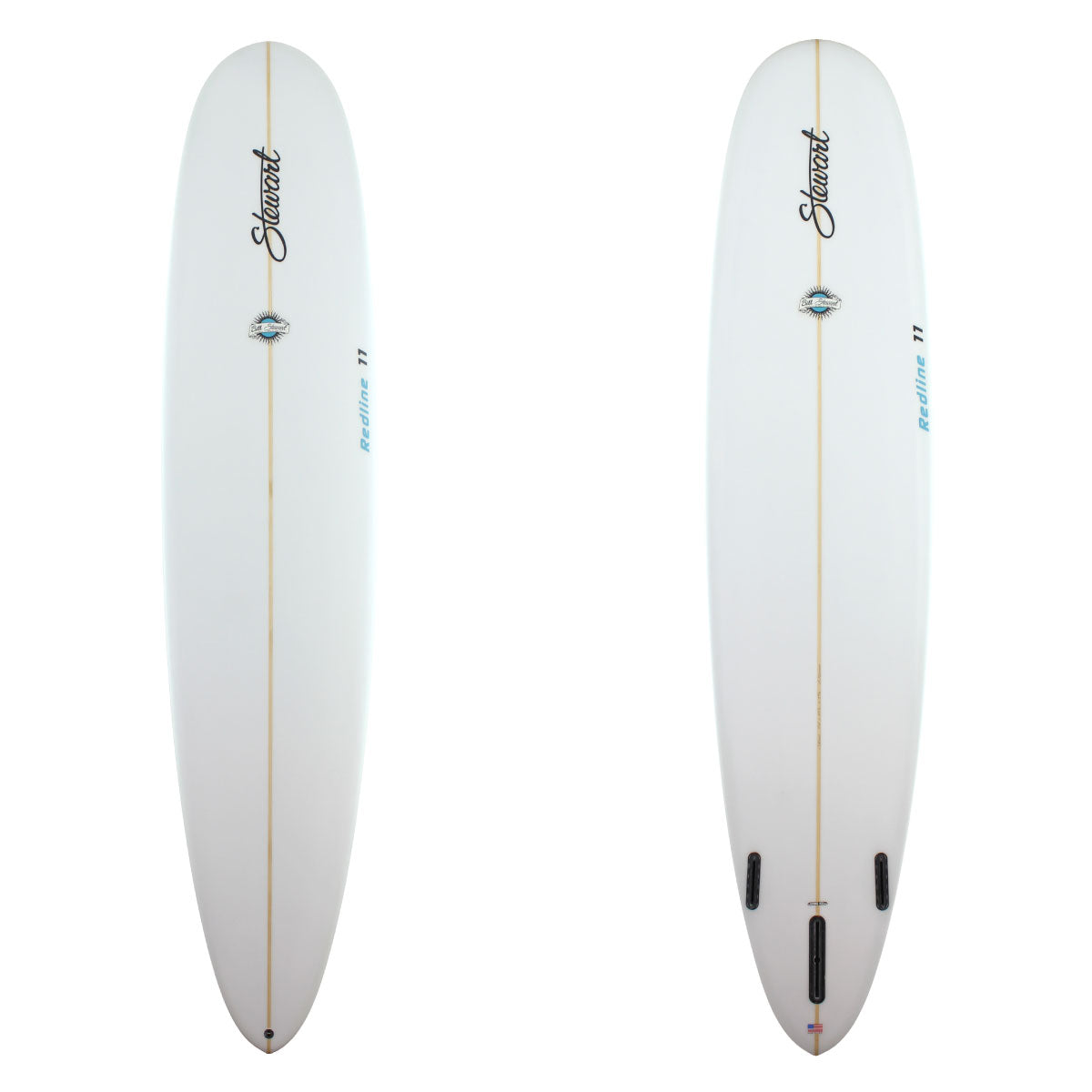 stewart redline 11 longboard surfboard with clear glassjob and teal logos 