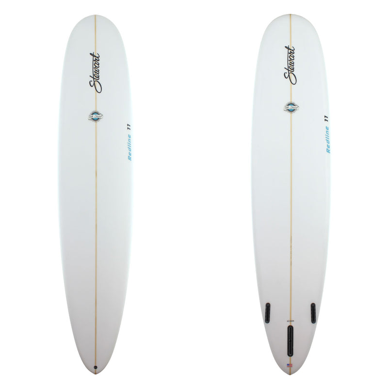 stewart redline 11 longboard surfboard with clear glassjob and teal logos 