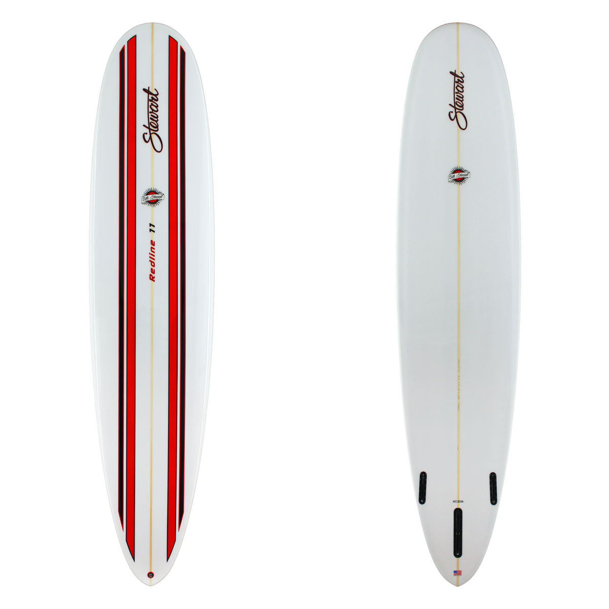 Two views of a white redline 11 surfboard with red and black stripes on a white background