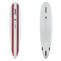 Two views of a white redline 11 surfboard with red and black stripes on a white background