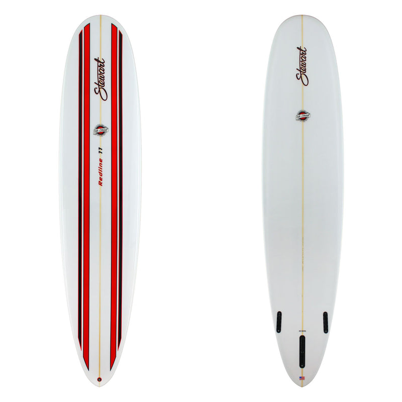 Two views of a white redline 11 surfboard with red and black stripes on a white background