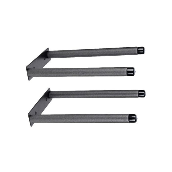 Two dark gray metal wall mounting brackets with horizontal bars, shown on a plain white background.