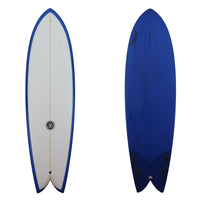 Deck and Bottom view of a Stewart Retro Fish with a blue resin tint on the bottom and a white deck with a sand finish