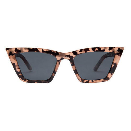 Sunglasses with leopard print frame and dark lenses on a white background