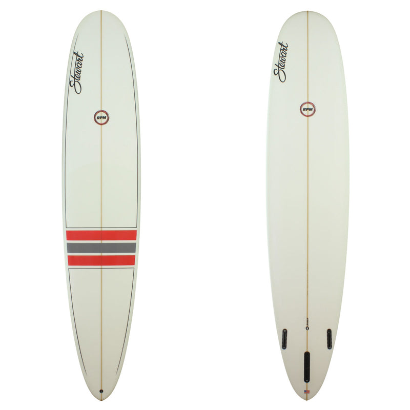 stewart rpm longboard with simple pinlines and 3 colored stripes on the deck 