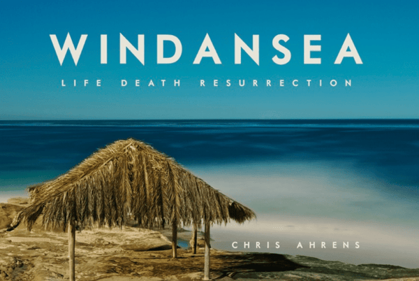 Book cover of 'Windansea: Life Death Resurrection' by Chris Ahrens with a beach scene and straw hut.