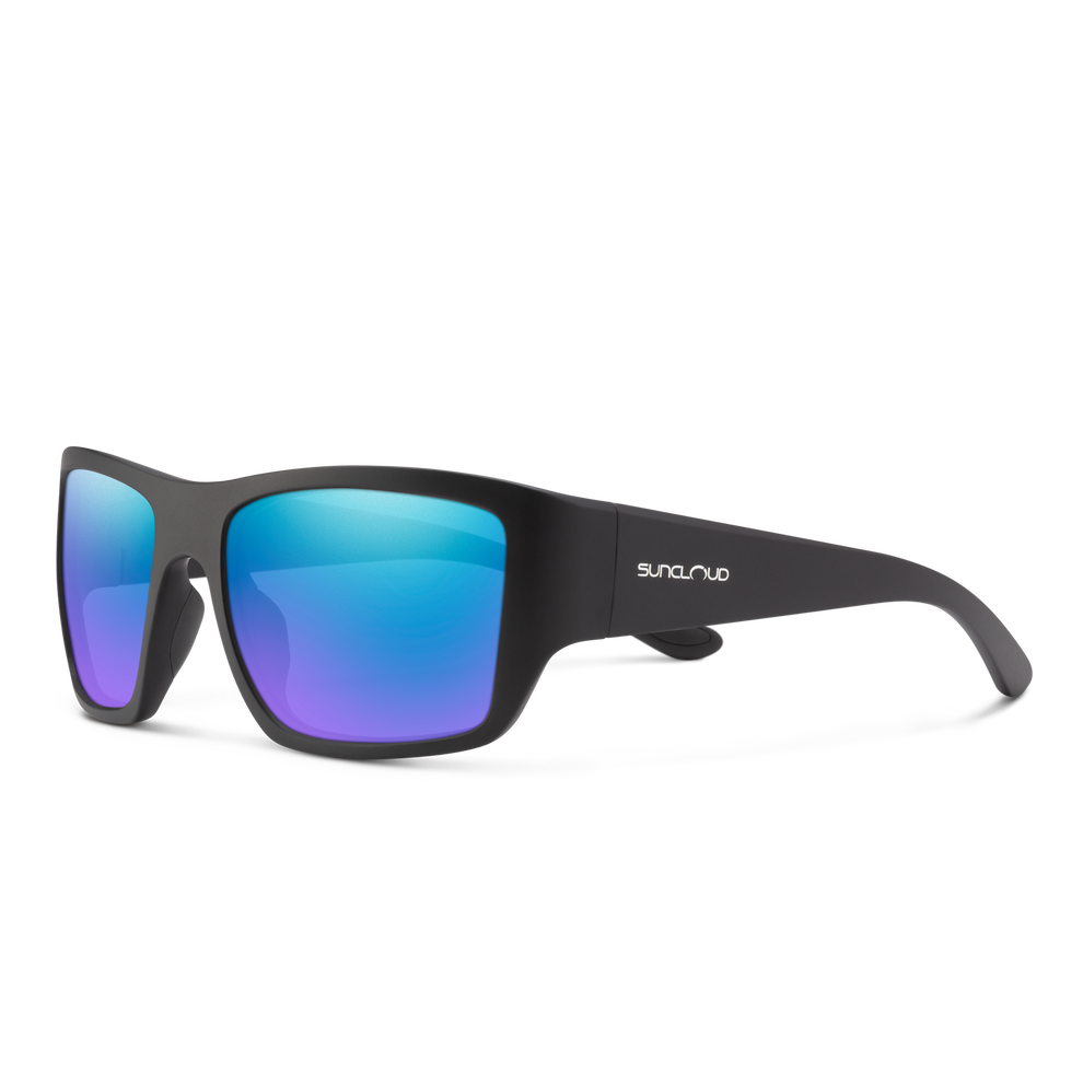 Sunglasses with black frame and blue-tinted lenses on a white background
