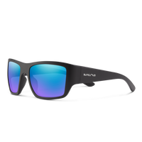 Sunglasses with black frame and blue-tinted lenses on a white background