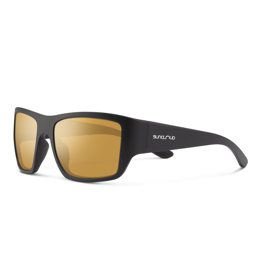 Black sunglasses with gold lenses on a white background