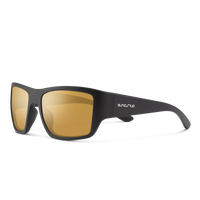 Black sunglasses with gold lenses on a white background