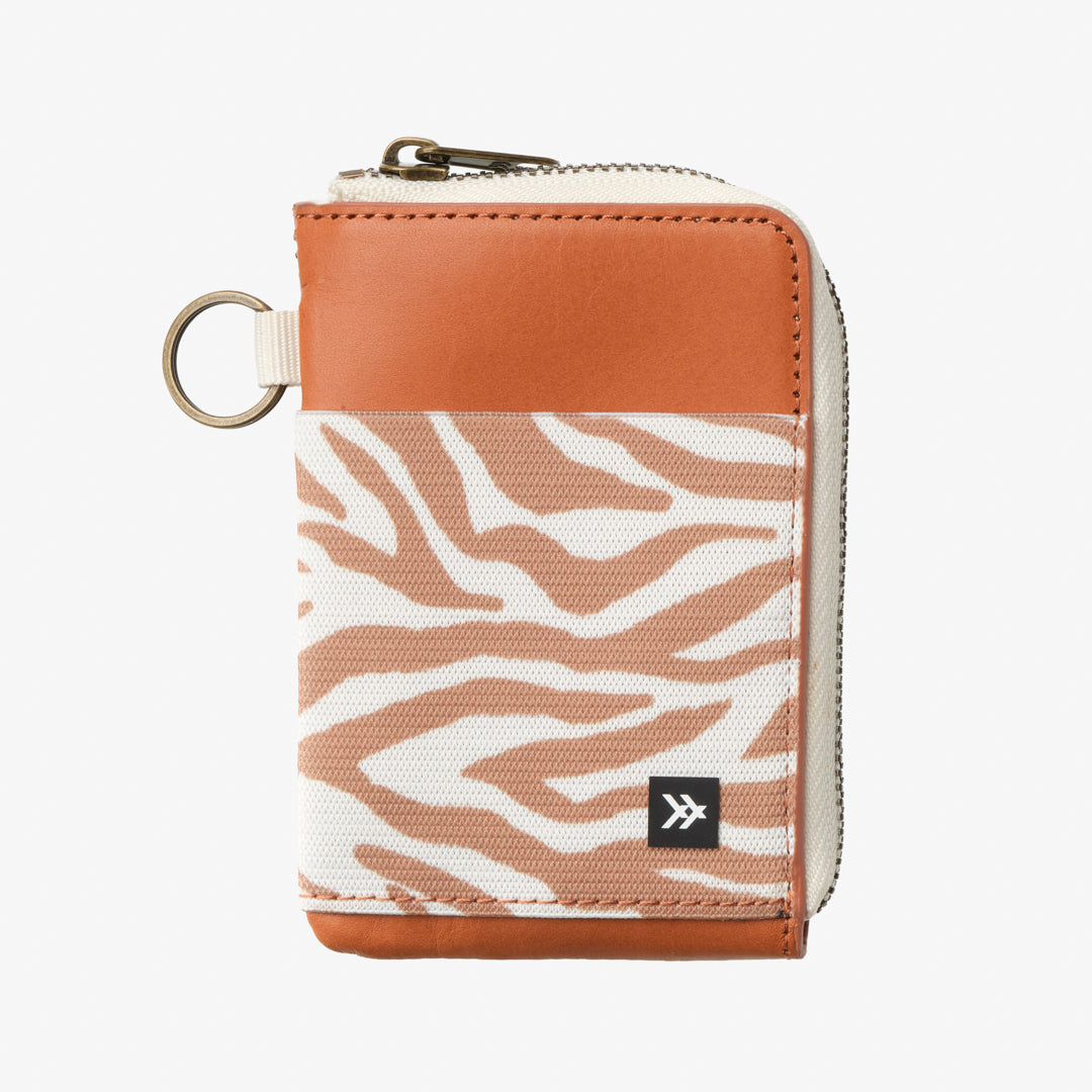 Small wallet with zebra pattern and brown accents on a white background