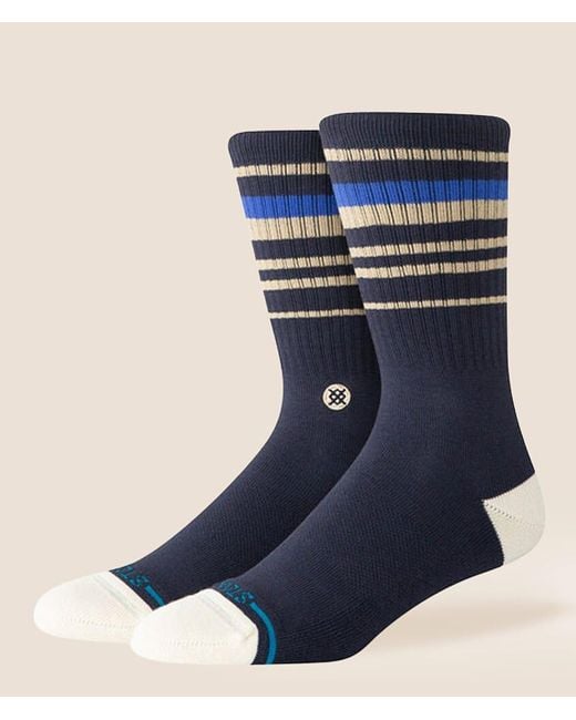 Stance Socks. Pair of navy socks with striped pattern on a beige background