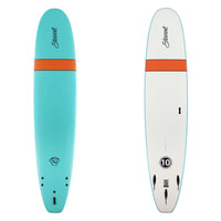 Two views of a teal and white surfboard with an orange stripe on a white background