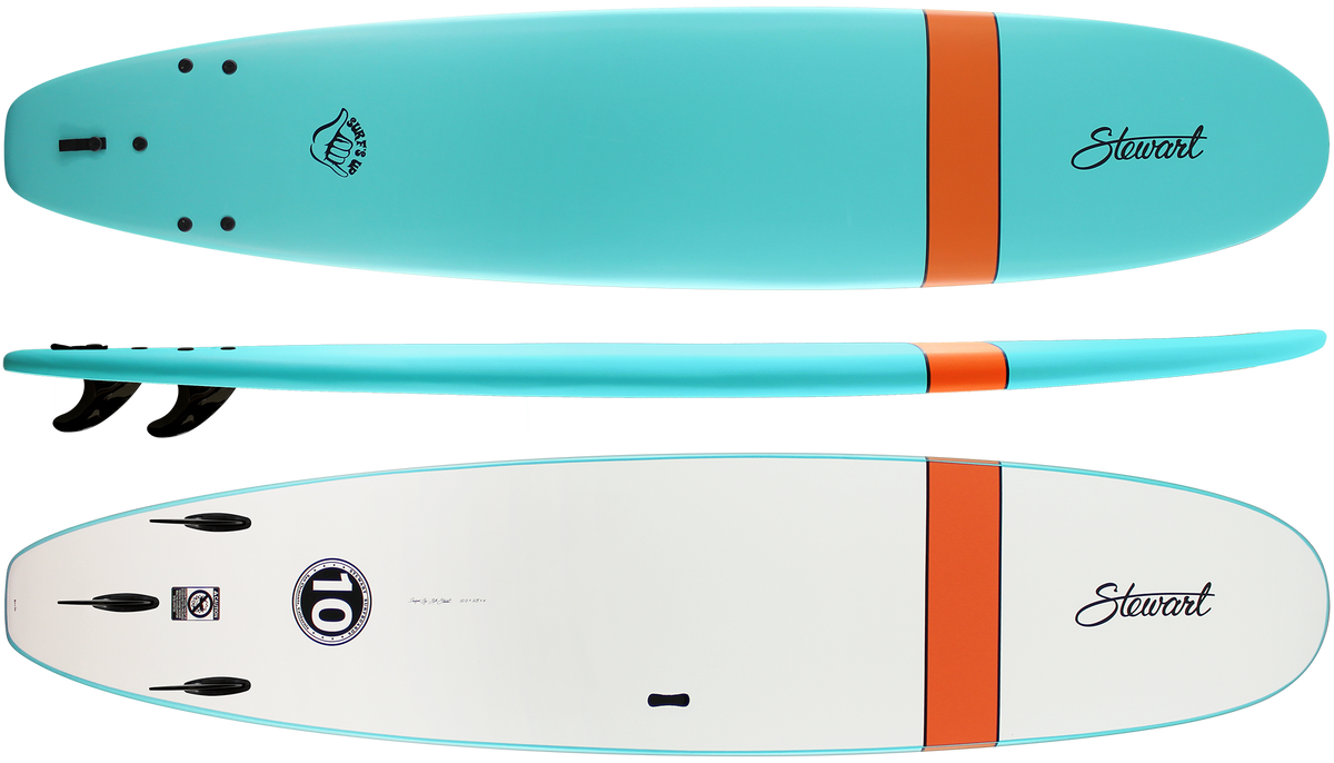 Two surfboards, one turquoise and one white, with orange accents and 'Stewart' branding.