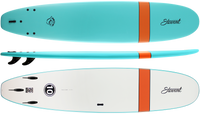Two surfboards, one turquoise and one white, with orange accents and 'Stewart' branding.