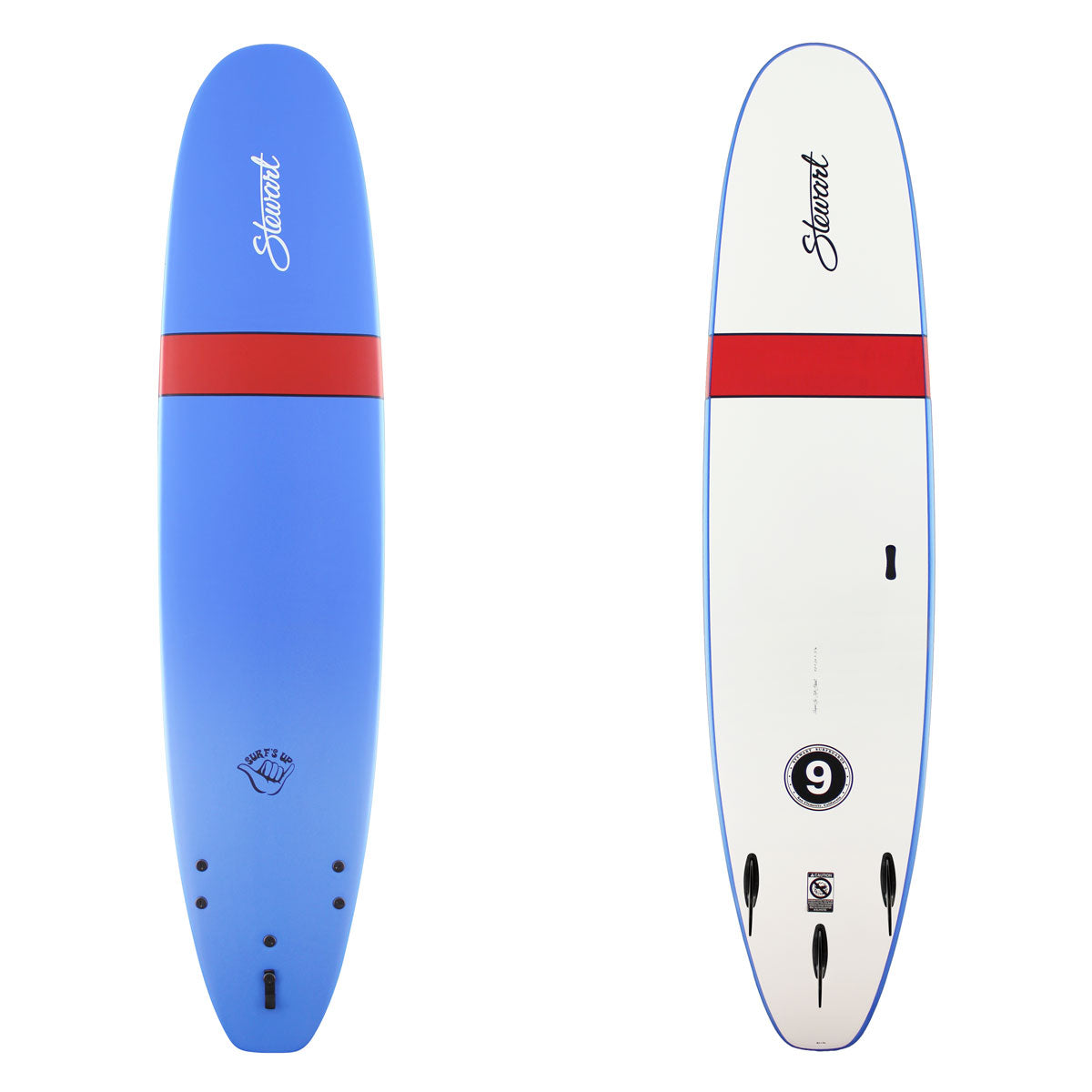 Blue and white surfboard with red stripe on a white background