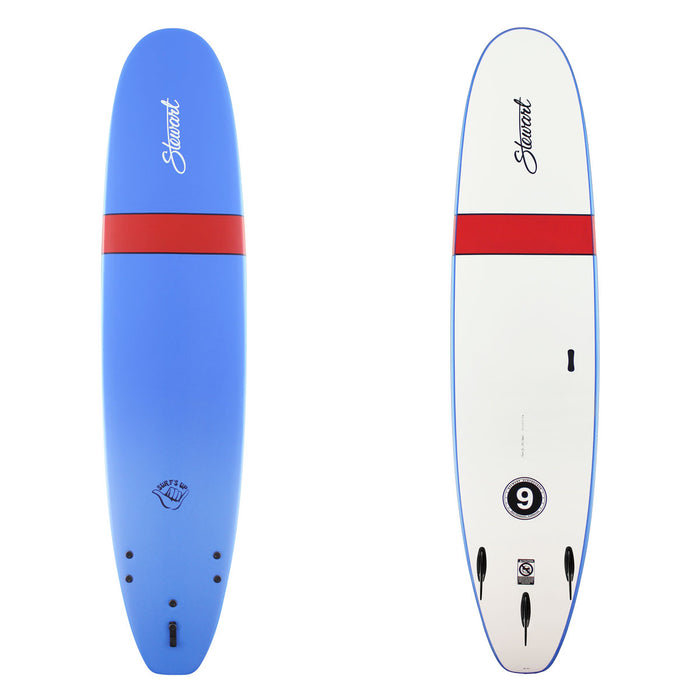 Blue and white surfboard with red stripe on a white background