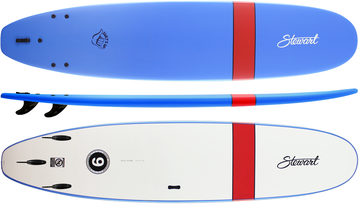 Two surfboards, one blue and red, the other white with a red stripe, both branded 'Stewart'.
