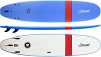 Two surfboards, one blue and red, the other white with a red stripe, both branded 'Stewart'.