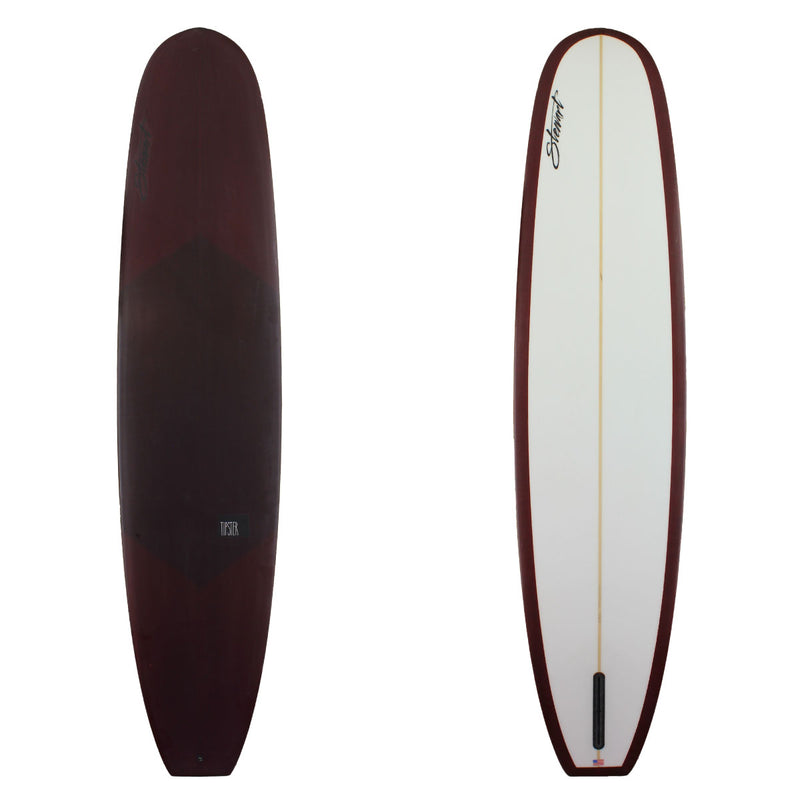 Stewart Surfboards 9'8 TIPSTER with dark burgundy resin tint on deck and rails, clear white bottom