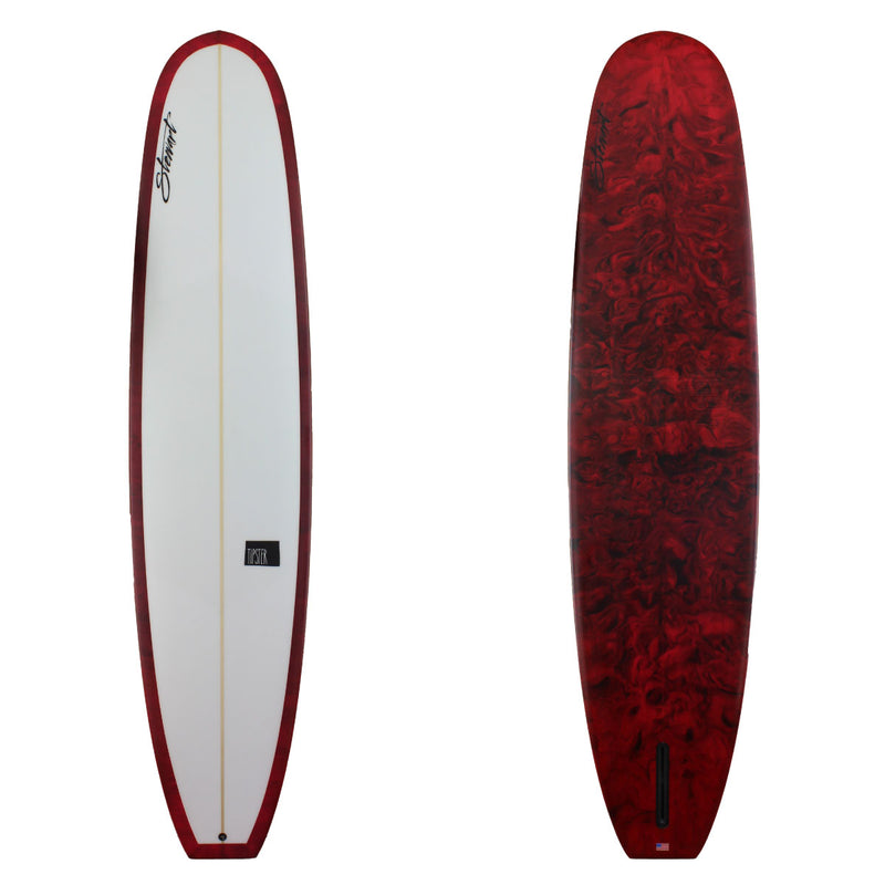 Stewart Surfboards 9'6 TIPSTER with red black resin swirl bottom and rails, clear white deck
