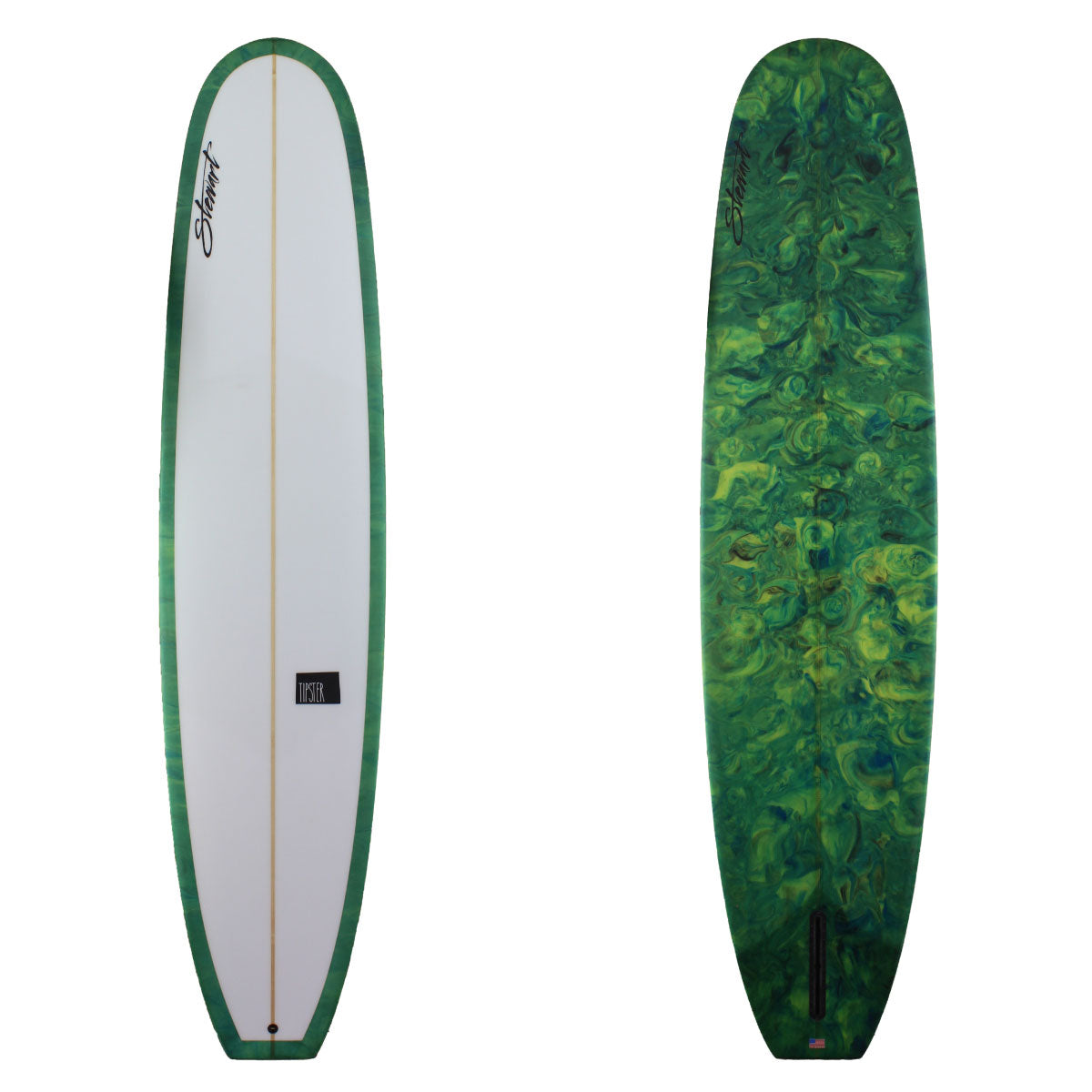Stewart Surfboards 9'3 TIPSTER with green black resin swirl bottom and rails, clear white deck